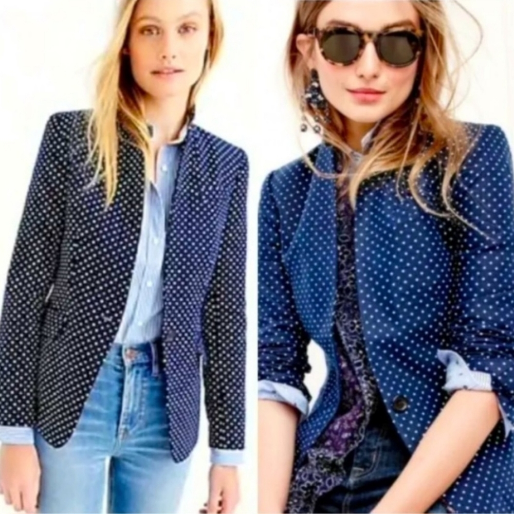 J.CREW Polka Dot Regent Blazer in Navy Linen Style Sz 00. New Without Tags
